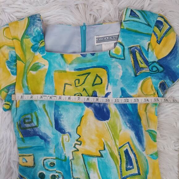 Vintage 90s Jessica Howard Yellow and Blue Abstract Mini Dress - Picture 7 of 12